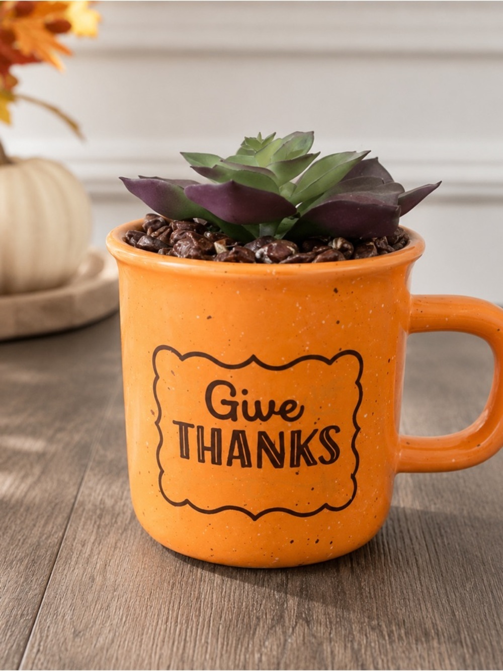 Thanksgiving Give Thanks Faux Succulent Mug Decor